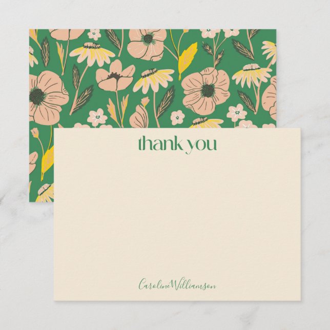 Cartão De Agradecimento Chá de fraldas de Letra Floral Cor-de-Rosa Verde V (Frente/Verso)