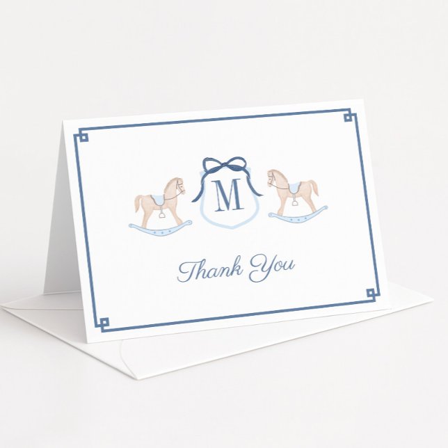 Cartão De Agradecimento Chá de fraldas de Monograma de Cavalo Rocking Prep (Preppy watercolor monogram rocking horse thank you card with navy blue Greek Key border)