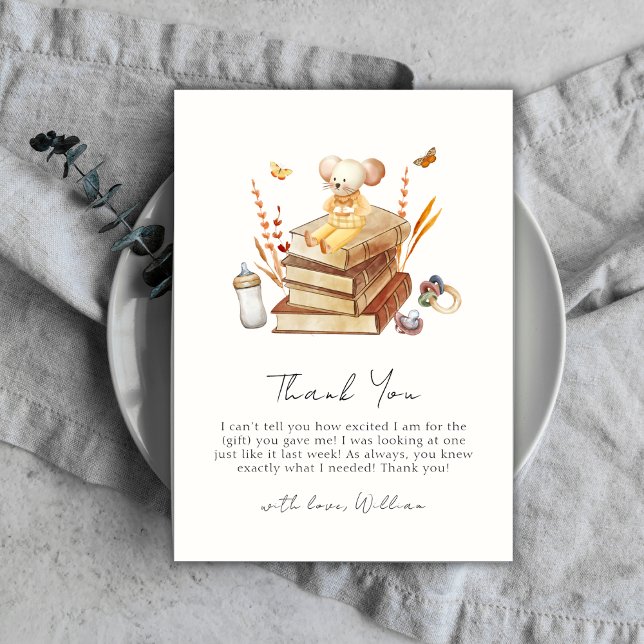 Cartão De Agradecimento Chá de fraldas de mouse neutro do livro de fotos (Whimsical Neutral Boho Book Mouse Baby Shower Thank You Card)