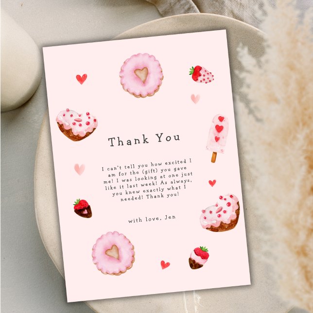 Cartão De Agradecimento Chá de fraldas de Namorados do Rosquinha Swetheart (Pink Sweetheart Donuts Valentines Baby Shower Thank You Card)