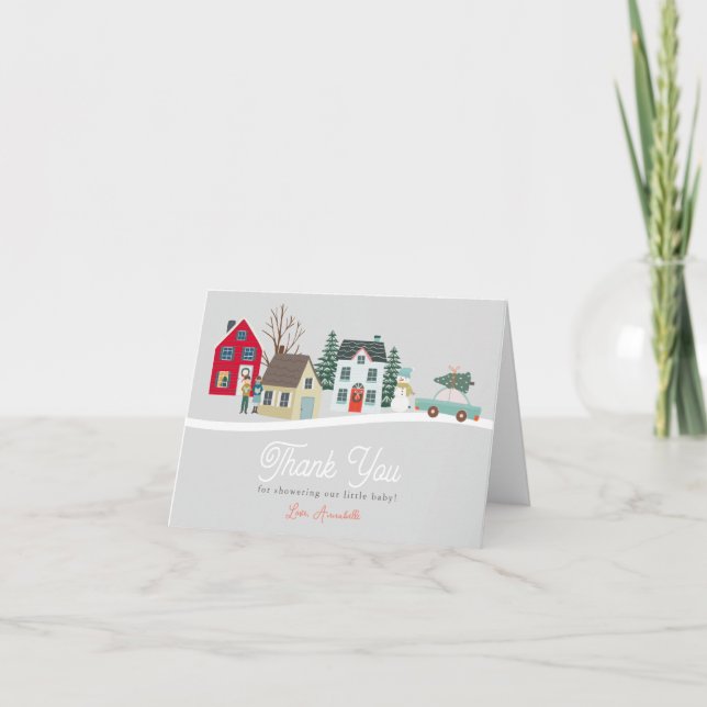 Cartão De Agradecimento Chá de fraldas de Natal Holiday Town/Village (Frente)