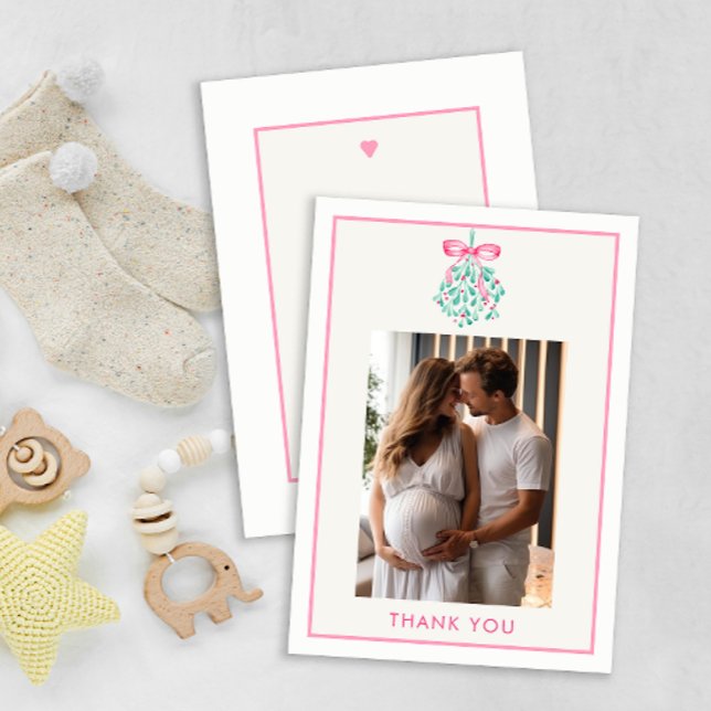 Cartão De Agradecimento Chá de fraldas de Natal Rosa Mistletoobrigado (Photo Baby Shower, under the mistletoe thank you card - Baby Girl)