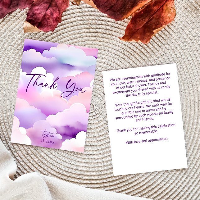 Cartão De Agradecimento Chá de fraldas de nuvens roxas chás de fraldas (Cloud baby shower purple clouds baby shower thank you card watercolor clouds thank you cards)