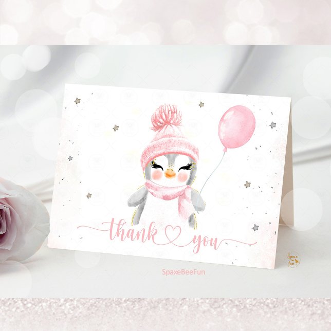 Cartão De Agradecimento Chá de fraldas de Pinguim Inverno (Penguin baby shower thank you card, penguin theme thank you cards, personalized penguin baby shower )