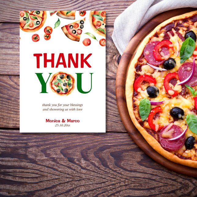 Cartão De Agradecimento Chá de fraldas de pizza italiana com fatia (Slice slice baby Italian pizza baby shower Thank You Card tricolore pizza thank you card pizza party)