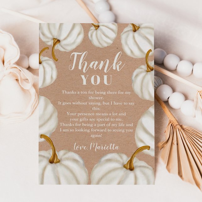 Cartão De Agradecimento Chá de fraldas de queda de uma manivela branca (White Little pumpkin kraft fall baby shower Thank You Card)