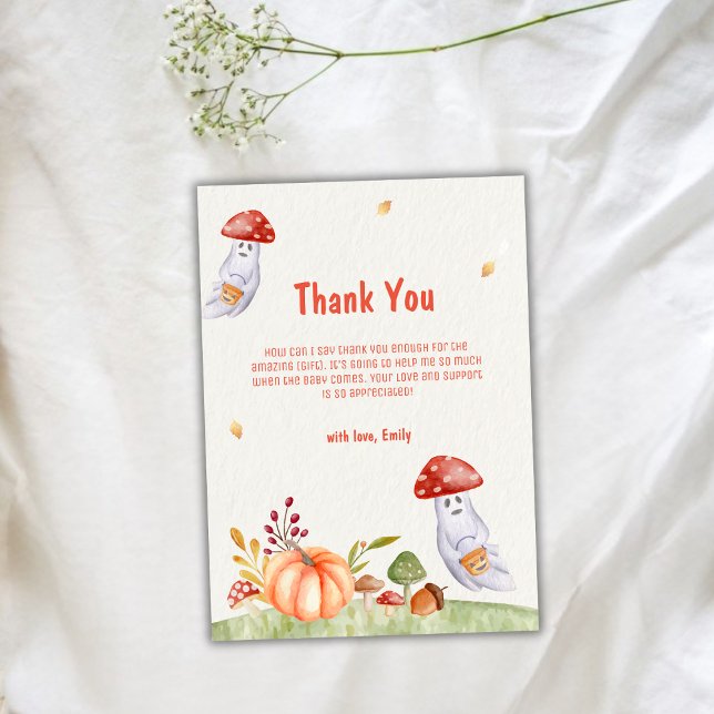 Cartão De Agradecimento Chá de fraldas de Queda do Fantasma do Cogumelo (Whimsical Mushroom Ghost Fall Baby Shower Thank You Card)