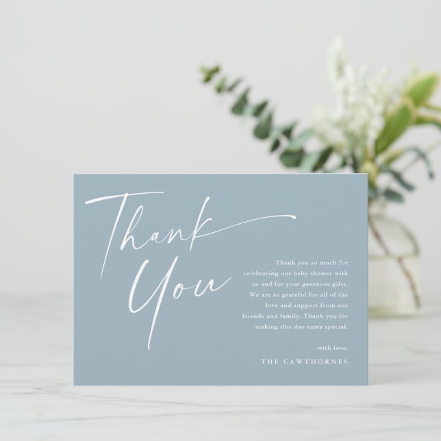 Cartão De Agradecimento Chá de fraldas de Script Elegante Moderno (Em pé/Frente)