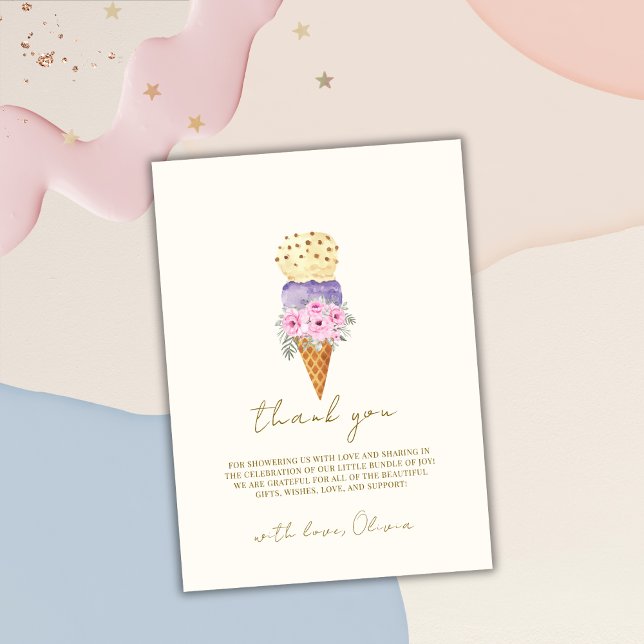 Cartão De Agradecimento Chá de fraldas de Sorvete Floral Mínimo (Minimal Floral Scoop Ice Cream Baby Shower Thank You Card)