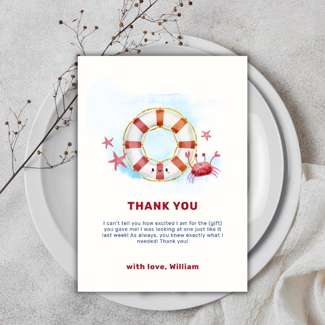 Cartão De Agradecimento Chá de fraldas de Starfish, caranguejo moderno e b (Cute Modern Nautical Crab Starfish Baby Shower Thank You Card)