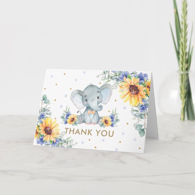 Cartão De Agradecimento Chá de fraldas de Sunflower Blue Floral Elephous B (Frente)