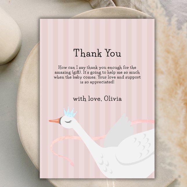 Cartão De Agradecimento Chá de fraldas de Swan, Princesa Cinzenta Moderna  (Pink Modern Whimsical Princess Swan Baby Shower Thank You Card)