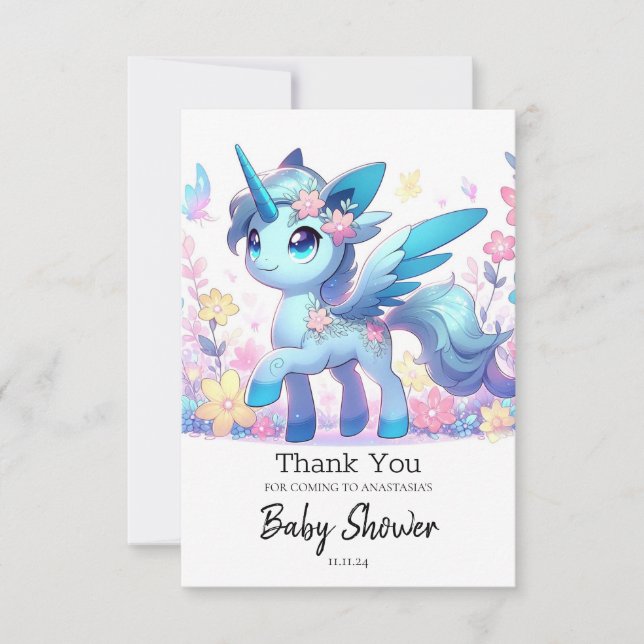 Cartão De Agradecimento Chá de fraldas de Unicórnio Encantado Pastel (Frente)