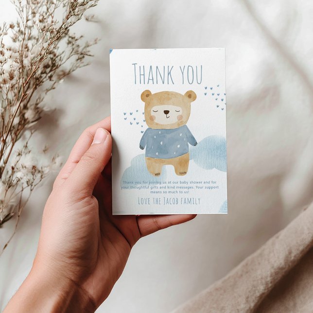 Cartão De Agradecimento Chá de fraldas de Urso Azul  obrigado (Blue sleepy bear baby shower boy thank you card)