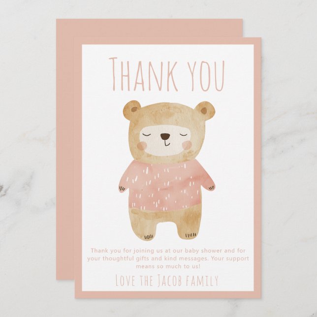 Cartão De Agradecimento Chá de fraldas de Urso Rosa obrigado (Frente/Verso)