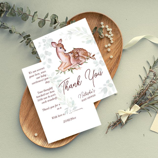 Cartão De Agradecimento Chá de fraldas de veados (Oh deer woodlands deer baby shower thank you cards cute mother deer and a foal forest leaves)