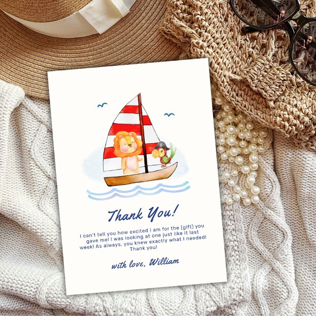 Cartão De Agradecimento Chá de fraldas de veleiro do Leão Selvagem Moderno (Modern Nautical Wild Lion Sailboat Baby Shower Thank You Card)