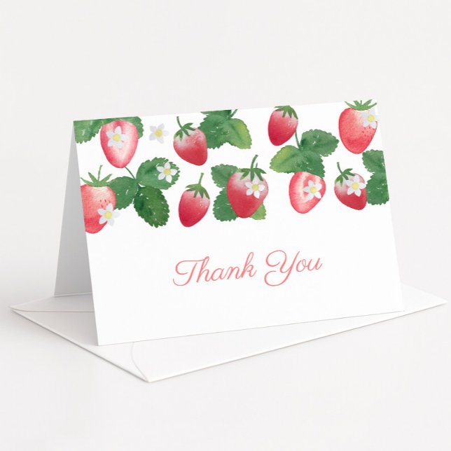 Cartão De Agradecimento Chá de fraldas de Verão de Morango (Simple watercolor strawberries folding thank you card design)