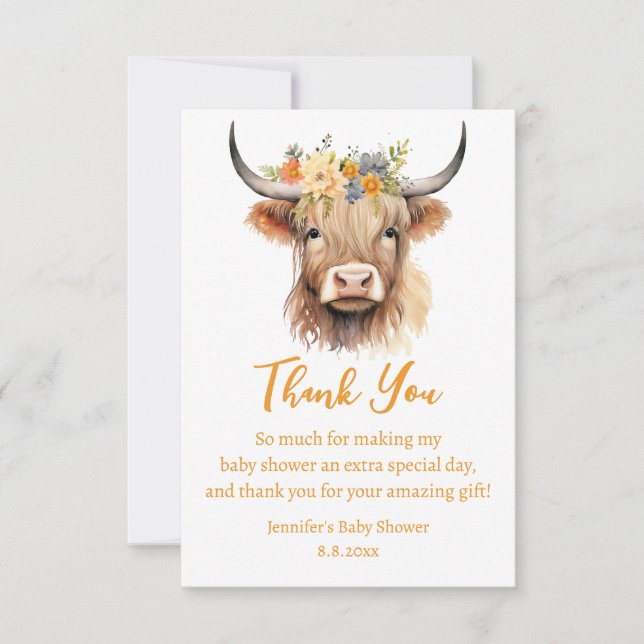 Cartão De Agradecimento chá de fraldas de vitelo de vaca da zona alta, de  (Frente)