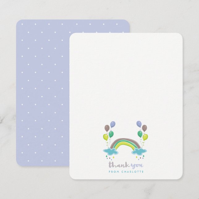 Cartão De Agradecimento Chá de fraldas Do Arco-Íris E Balões Azul (Frente/Verso)