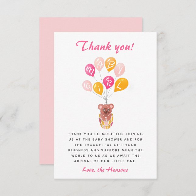 Cartão De Agradecimento Chá de fraldas do Balão do Urso Bonito (Frente/Verso)