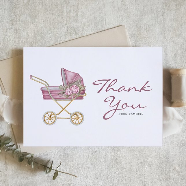 Cartão De Agradecimento Chá de fraldas do cilindro de impressão do Waterco (Watercolor Pink Vintage Stroller Baby Shower Thank You Card)