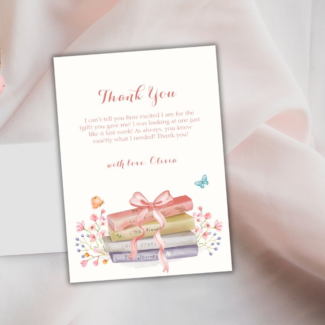 Cartão De Agradecimento Chá de fraldas do Livro de Arcos Floral Elegante (Sweet Elegant Floral Bow Book Baby Shower Thank You Card)