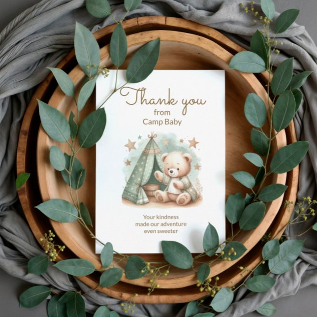 Cartão De Agradecimento Chá de fraldas Do Urso De Teddy Obrigado (Camp baby Teddy Bear baby shower thank you card)