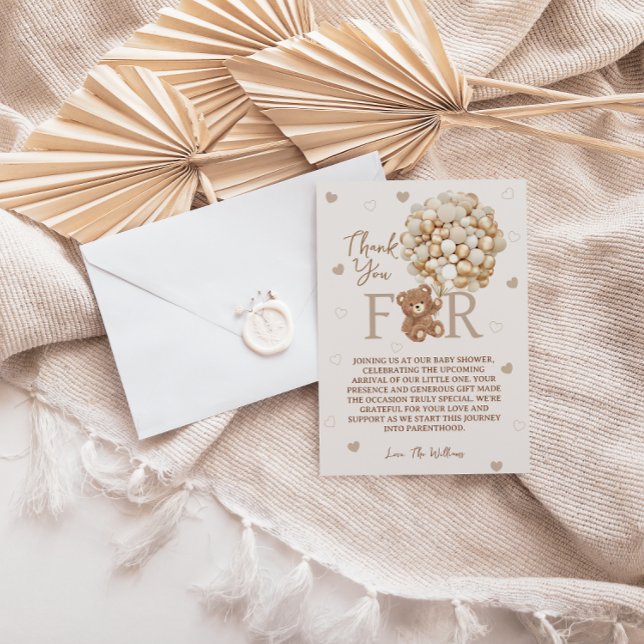 Cartão De Agradecimento Chá de fraldas dos Balões do Urso Castanho (Criador carregado)