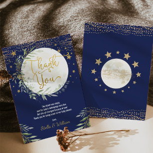 Cartão De Agradecimento Chá de fraldas Dourada Lua e Estrelas