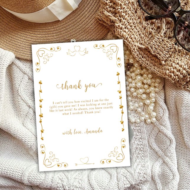 Cartão De Agradecimento Chá de fraldas Dourado elegante de Namorados (Elegant Gold Sweetheart Valentine Baby Shower Thank You Card)