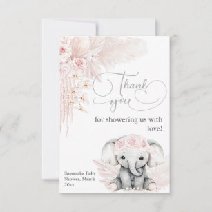 Cartão De Agradecimento Chá de fraldas Elefante Blash Flower Pink