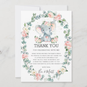 Cartão De Agradecimento Chá de fraldas Elefante Cinza Floral Rosa