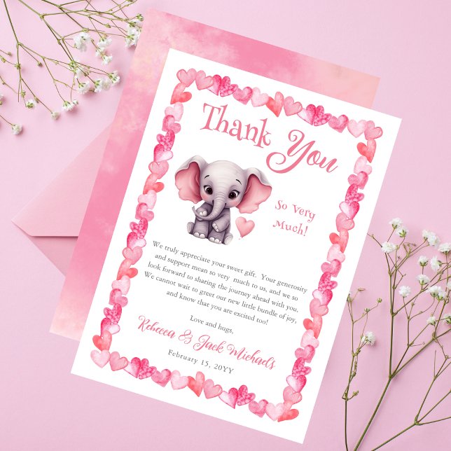 Cartão De Agradecimento Chá de fraldas Elefante de Corações Rosa (Elephant Pink Hearts Girl Baby Shower Thank You Card - "A Little Sweetheart" Elephant Collection)