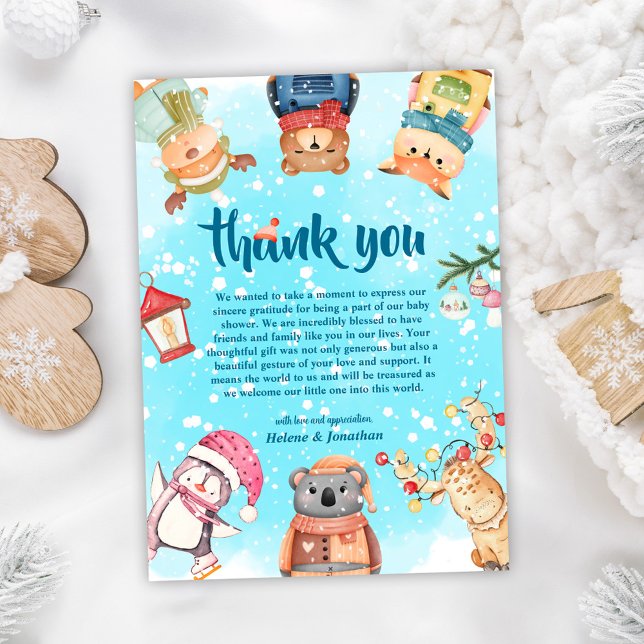 Cartão De Agradecimento Chá de fraldas Elegante De Inverno (Cute Woodland Animals Elegant Winter Baby Shower Thank You Card)