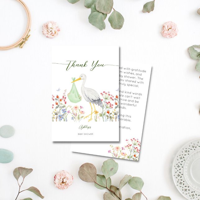 Cartão De Agradecimento Chá de fraldas especial de flores de primavera (Special delivery stork spring flowers traditional baby shower thank you cards)