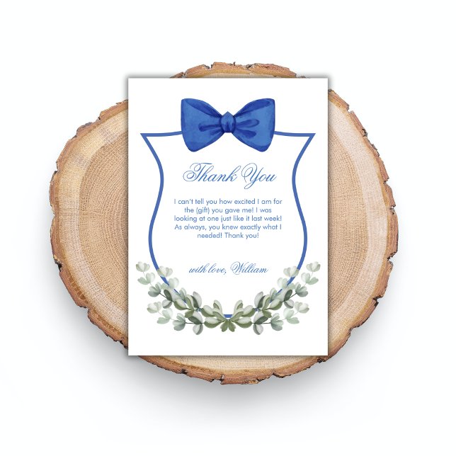 Cartão De Agradecimento Chá de fraldas Eucalyptus Crest Boy Arco Simples A (Blue Simple Bow Eucalyptus Crest Boy Baby Shower Thank You Card)