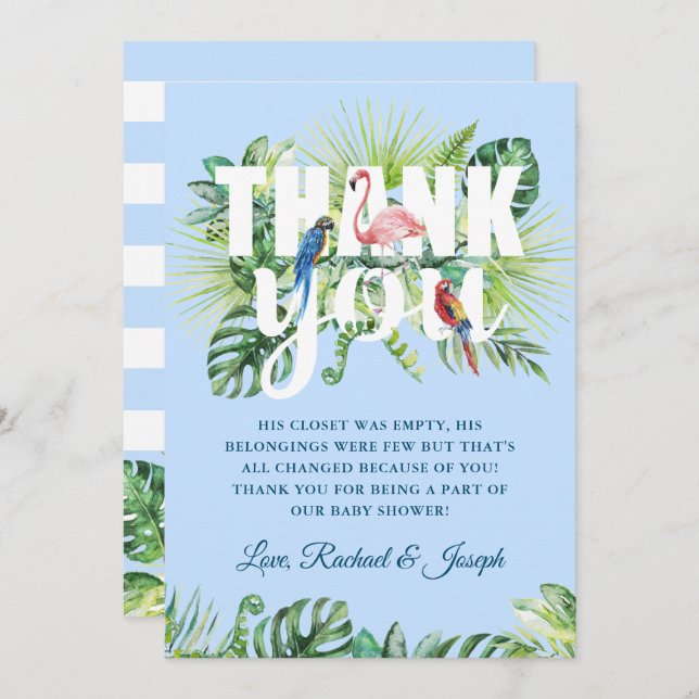 Cartão De Agradecimento Chá de fraldas Flamingo Azul-Claro Tropical (Frente/Verso)