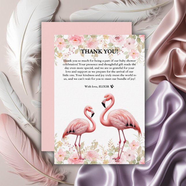 Cartão De Agradecimento Chá de fraldas Flamingo, Elegante Floral, Rosa (Criador carregado)