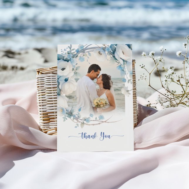 Cartão De Agradecimento Chá de fraldas Floral Azul Elegante (Elegant Dusty Blue Floral Baby Shower Thank You Card)