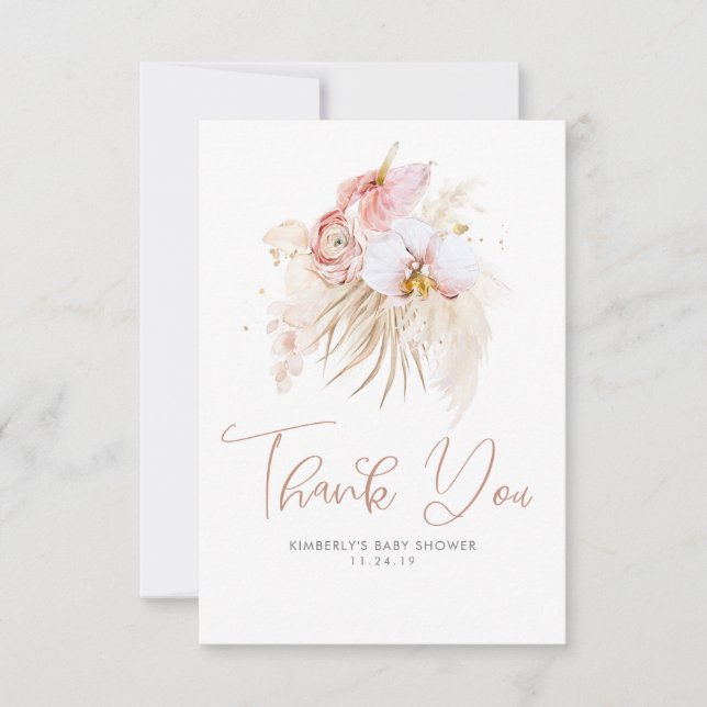 Cartão De Agradecimento Chá de fraldas Floral Boho Pampas Grass Obrigado (Frente)