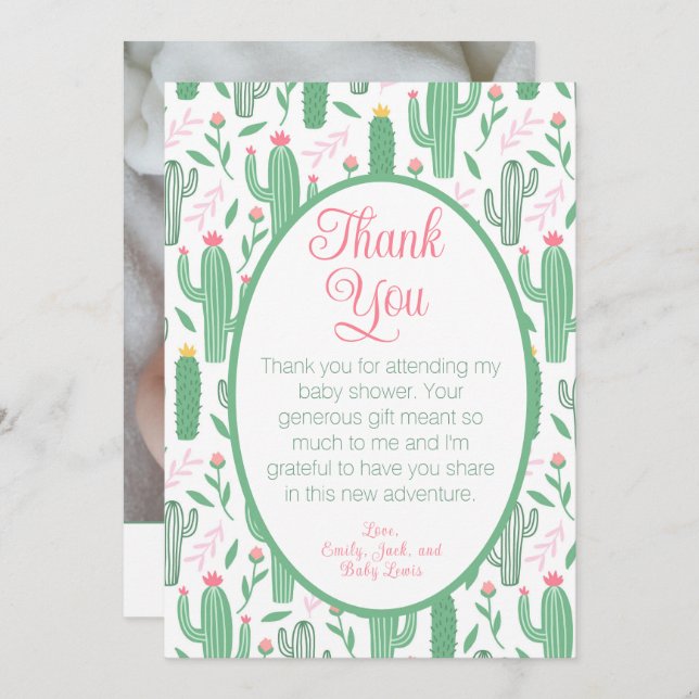 Cartão De Agradecimento Chá de fraldas Floral Cute Cactus Obrigado (Frente/Verso)