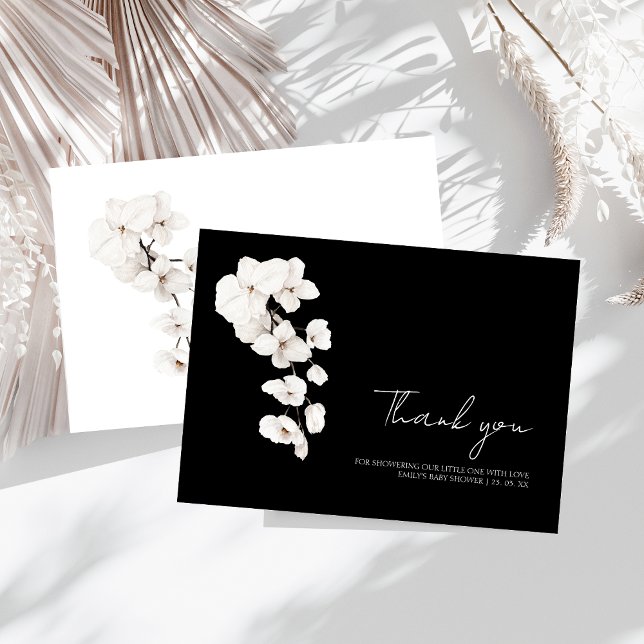 Cartão De Agradecimento Chá de fraldas Floral das Orquídeas Negras Moderna (Modern Black and White Orchids Flowers Baby Shower Thank You Card)