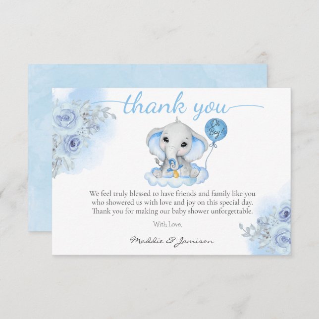Cartão De Agradecimento Chá de fraldas Floral de Elefante de Menino (Frente/Verso)
