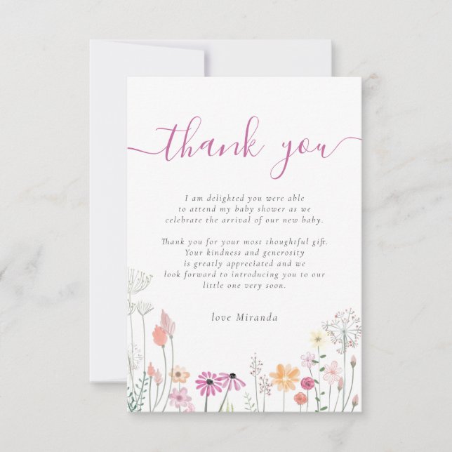Cartão De Agradecimento Chá de fraldas Floral De Flor Selvagem Obrigado (Frente)