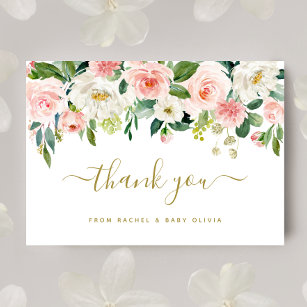 Cartão De Agradecimento Chá de fraldas Floral Dourado Cor-De-Rosa Esbranqu