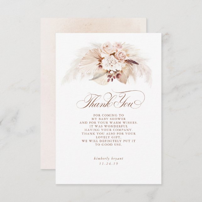 Cartão De Agradecimento Chá de fraldas Floral Exótico Pampas Grass Obrigad (Frente/Verso)