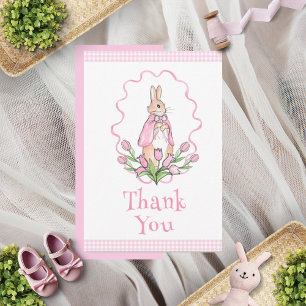 Cartão De Agradecimento Chá de fraldas Floral Rosa Coelho Coelho Gingham