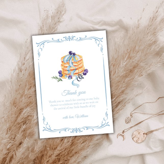 Cartão De Agradecimento Chá de fraldas francês Elegante de Blueberry Panca (Elegant French Blueberry Pancake Baby Shower Thank You Card)