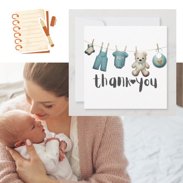 Cartão De Agradecimento Chá de fraldas Garoto Obrigado Urso De Teddy (Criador carregado)